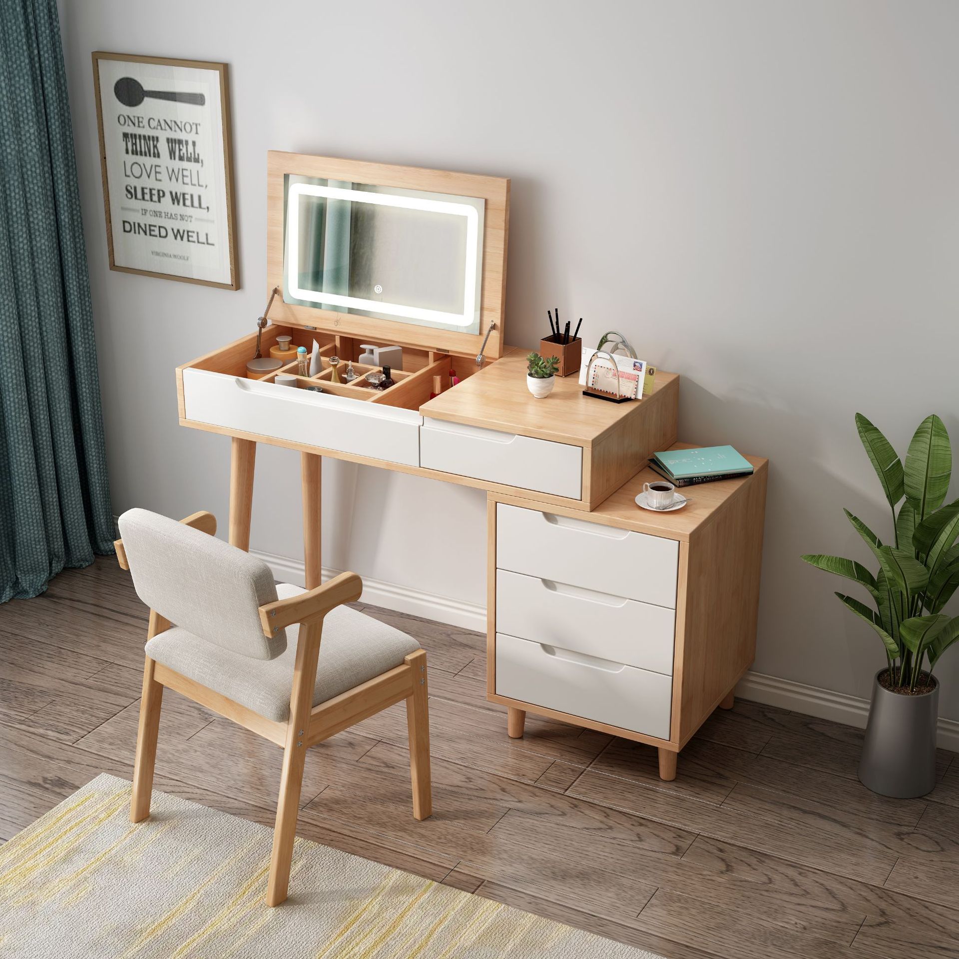全实木北欧梳妆台翻盖书桌简约经济型小妆台带镜子卧室化妆台