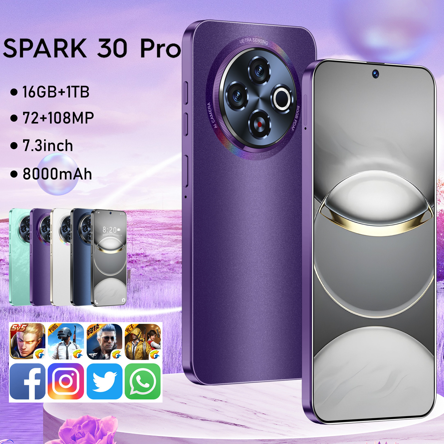 跨境新款Spark30 Pro安卓14外贸热销穿孔7.3寸大屏全球通智能手机