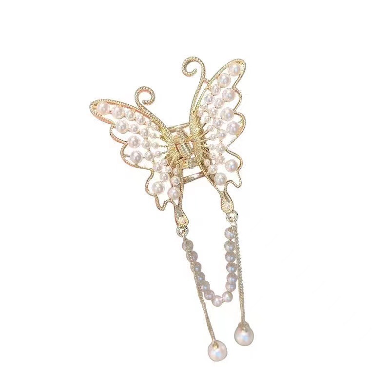 Elegant Hollow Rhinestone Pearl Butterfly Tassel Claw Clip Summer Metal Barrettes Women's Back Hairpin Hair Jaw Clip