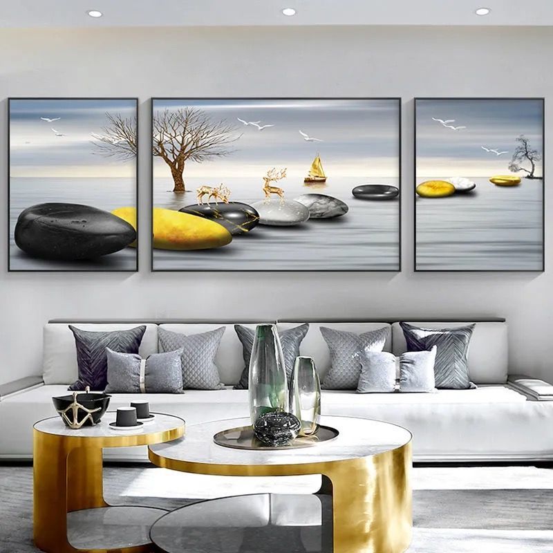 电视墙挂画客厅装饰画晶瓷镶钻客厅沙发背景墙现代简约三联晶瓷