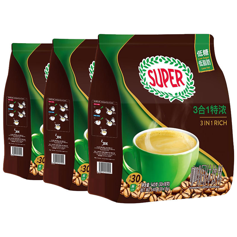 马来西亚进口super超级咖啡特浓低脂肪低糖条装三合一速溶咖啡粉