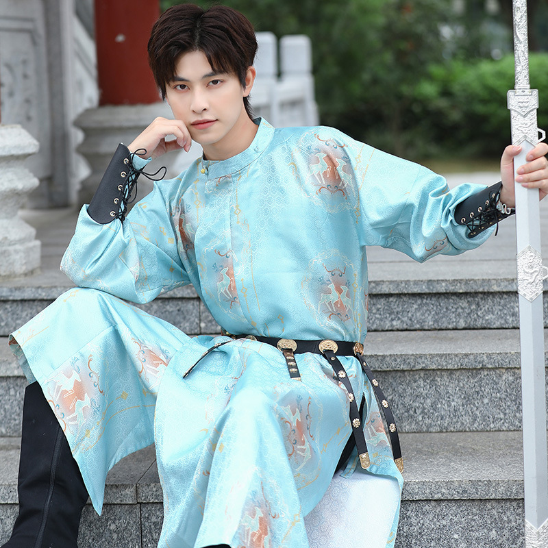 中国风夏季浅青色大码男装古风汉元素汉服男士唐朝古代剑客圆领袍