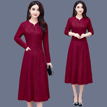 秋冬旗袍裙新款中年妈妈装气质连衣裙中长款复古长袖纯色盘扣裙子
