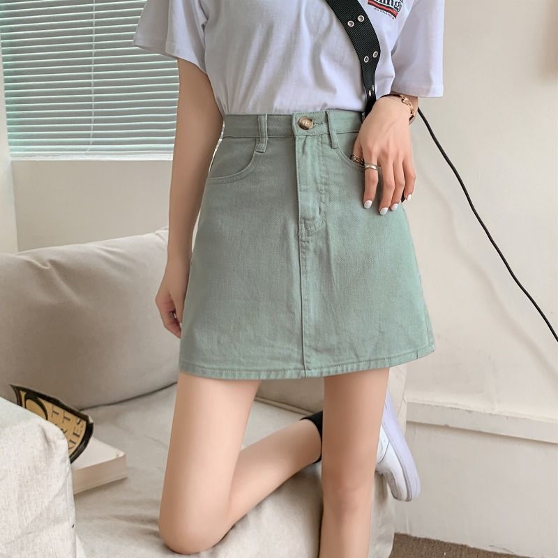 Summer Korean Style Retro High Waist Slimming Denim Skirt Female Student All-Matching Casual Package Hip A- Line Skirt Fashion