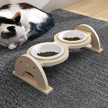 猫碗陶瓷小型犬狗碗木质保护颈椎猫咪饭食喝水盆高脚盛粮宠物碗
