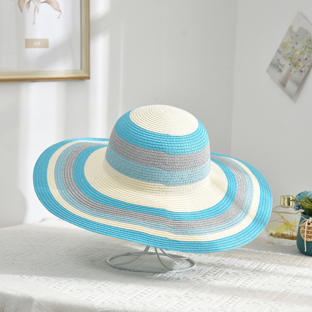 Summer Sun Hat Korean Style New Black and White Striped Wide Brim Beach Straw Hat Sun Protection Sun Hat Straw Hat Female Summer