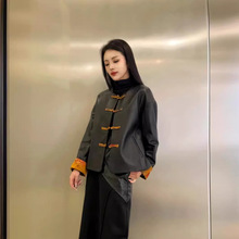 新中式绵羊皮皮衣外套女2024春新款小个子高级感短款简约黑色唐装