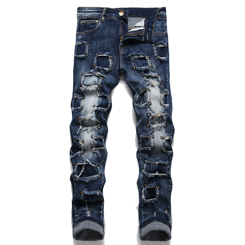  Foreign Trade Style Fashion Trendy Slim Stretch Hole Patch iu Ding Men's Skinny Jeans Trendy 3377