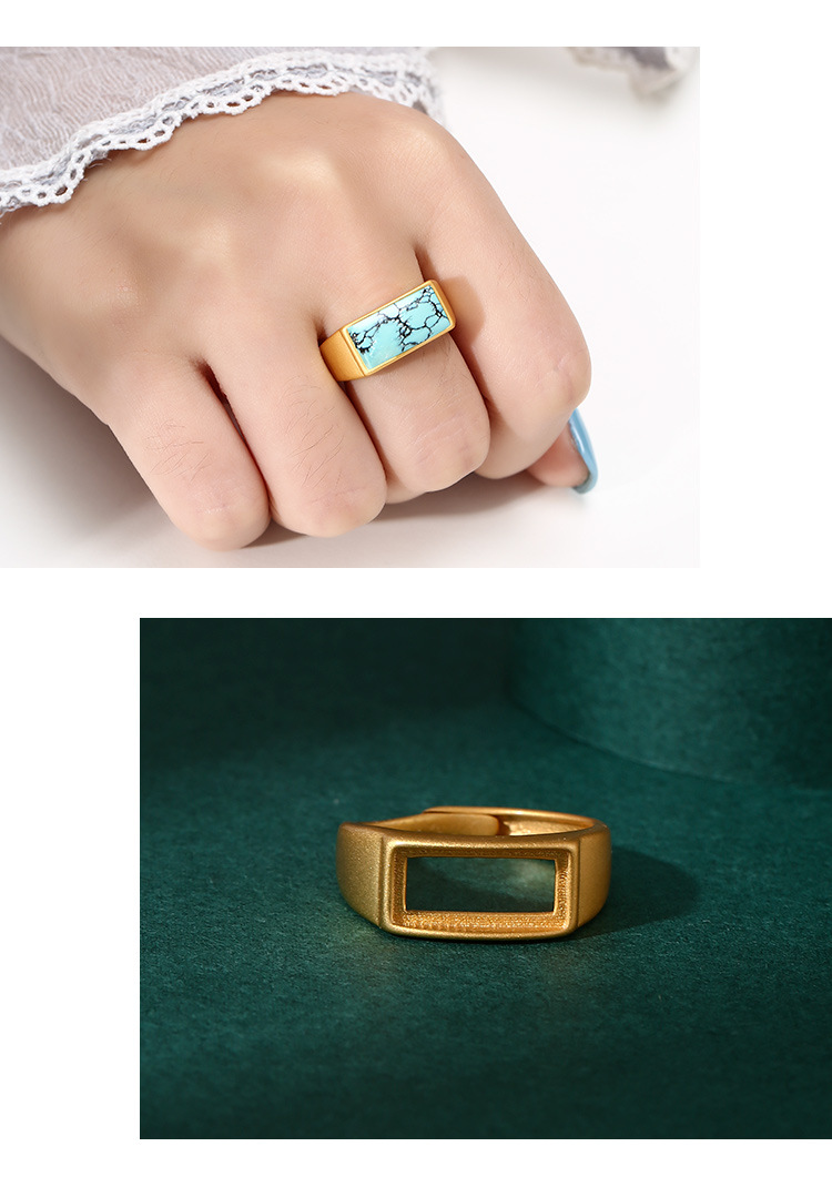 沙金方形戒指空托 男女戒托空托 镶嵌绿松石蜜蜡马鞍方戒指托空托