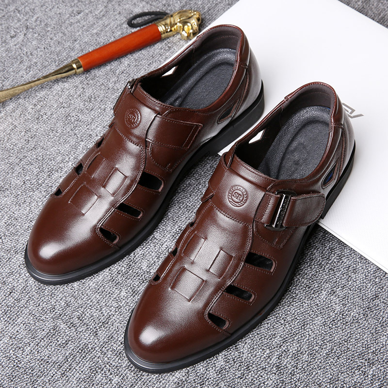 老人头 层牛皮软底新款耐磨凉鞋夏天男士镂空洞洞鞋皮鞋男 爸爸鞋