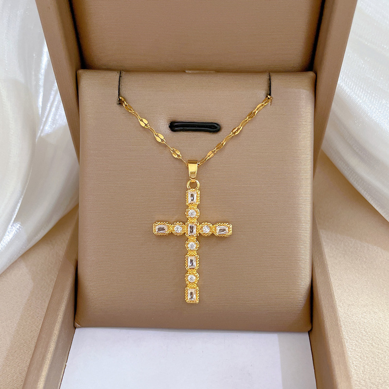 [Titanium Steel] Cross Heavy Industry Necklace Female Copper Micro Inlay Real Gold Electroplated Ins Internet Celebrity Exquisite Clavicle Chain Necklace