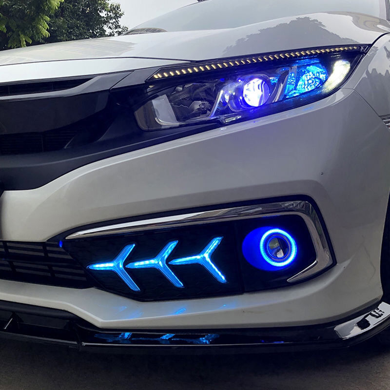 适用本田十代思域16-20款鱼骨日行灯三色流光日行灯雾灯led前后杠