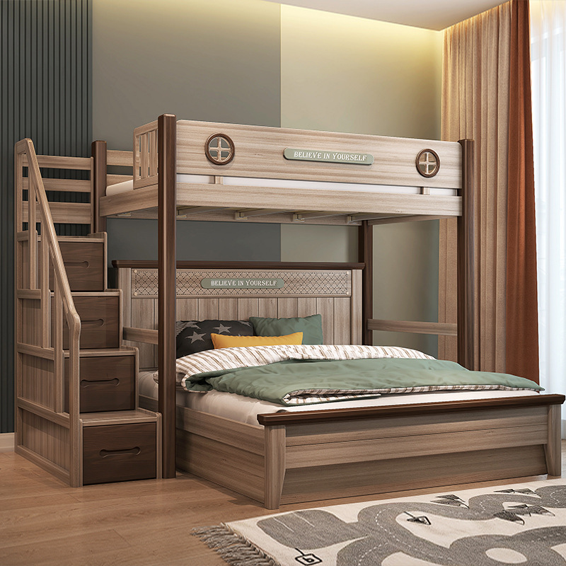 儿童床错位型上下床胡桃木双层床成年1.8米实木高低床储物高架床