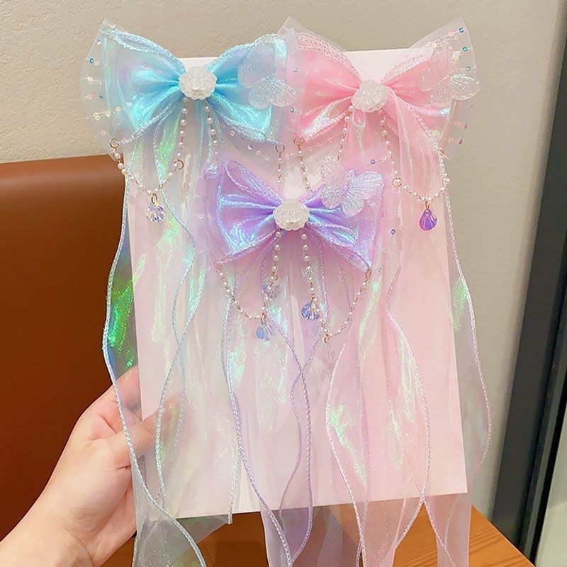 儿童蝴蝶结发夹仙气发饰女童头饰贝壳飘带公主甜美不伤发编发发卡