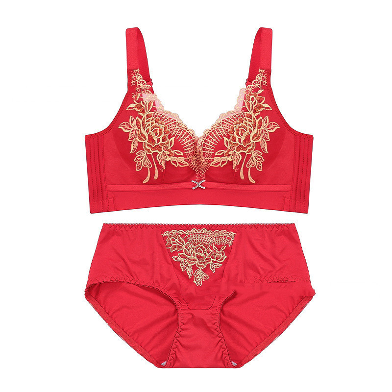 套装本命年小胸聚拢中国风刺绣结婚喜庆一片式文胸套装大红色内衣
