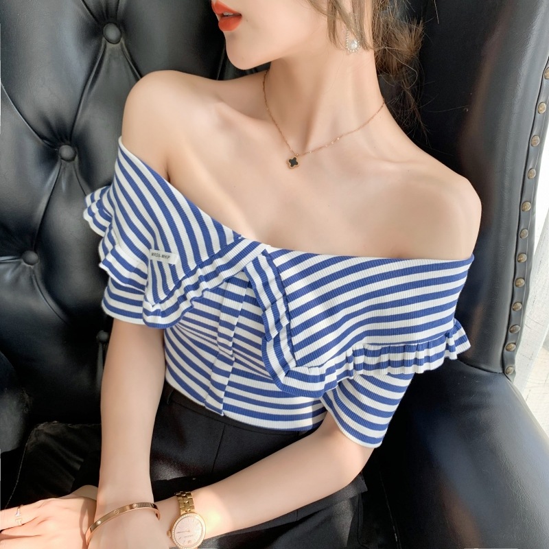 实拍#大领口条纹短袖t恤女2021新款短款露肩一字肩上衣女设计感夏