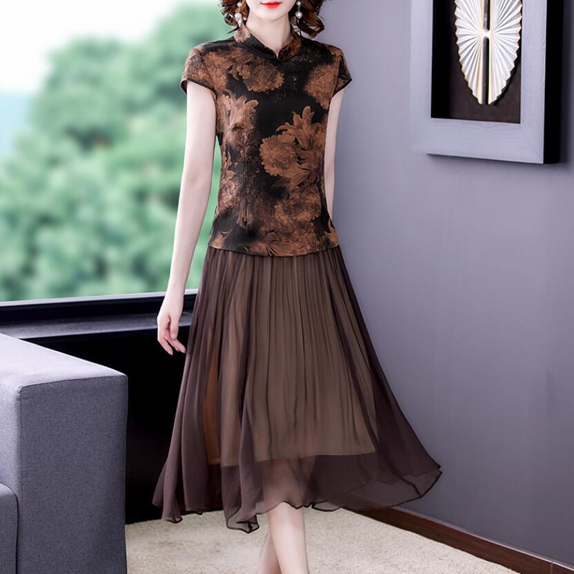 立领中长裙好质量真丝缘连衣裙香云纱气质显瘦v领大码莨绸桑蚕丝中