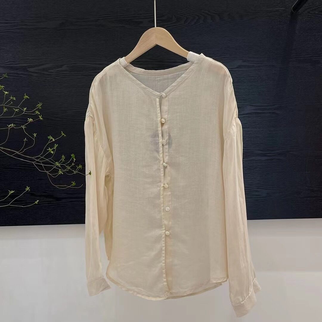 苎麻衬衫 2024夏季新款 开衫圆领上衣女简约单排扣长袖衬衣24124