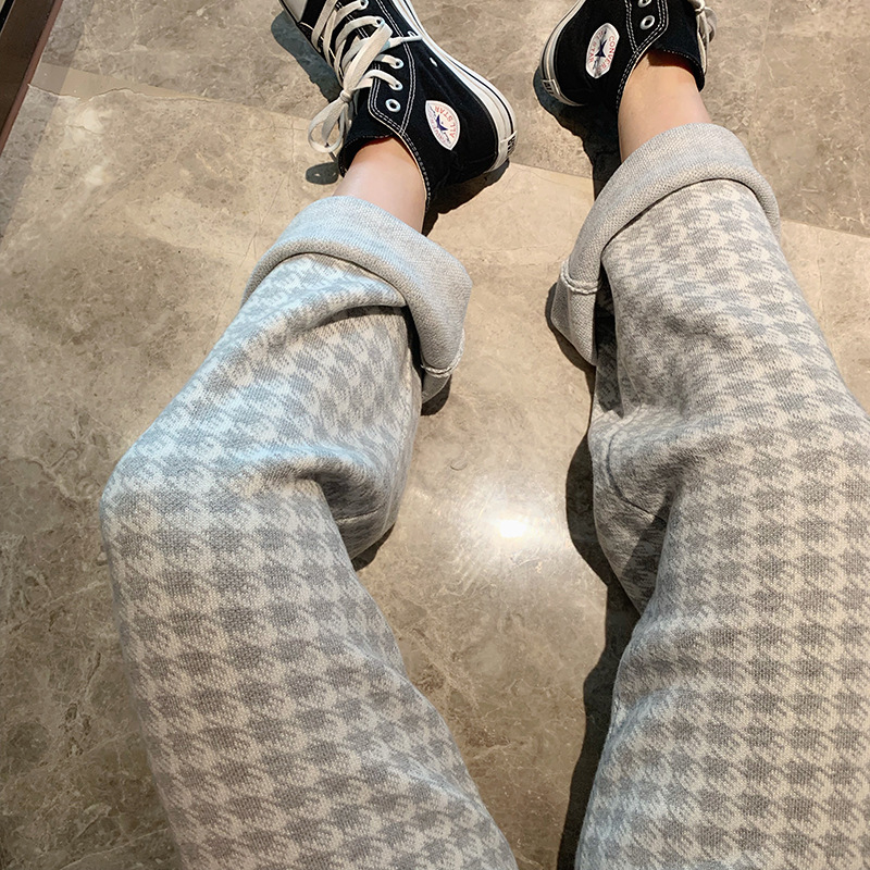 千鸟格羊毛裤子女2024秋冬新款高腰宽松显瘦复古格子直筒阔腿裤女