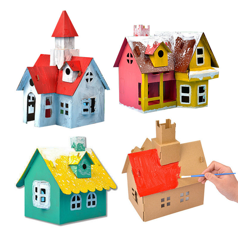 Children's DIY Handmade Decorative Paper House Assembled Cottage Toy Coloring Paper Box House Christmas Snow House Cardboard House