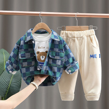 韩版男童新款2024春秋装时尚男孩宝宝方格开衫外套衬衫三件套