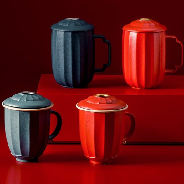 万仟堂茶杯陶瓷功夫茶杯简约办公杯鸿运高照 中式 朱漆釉办公杯01