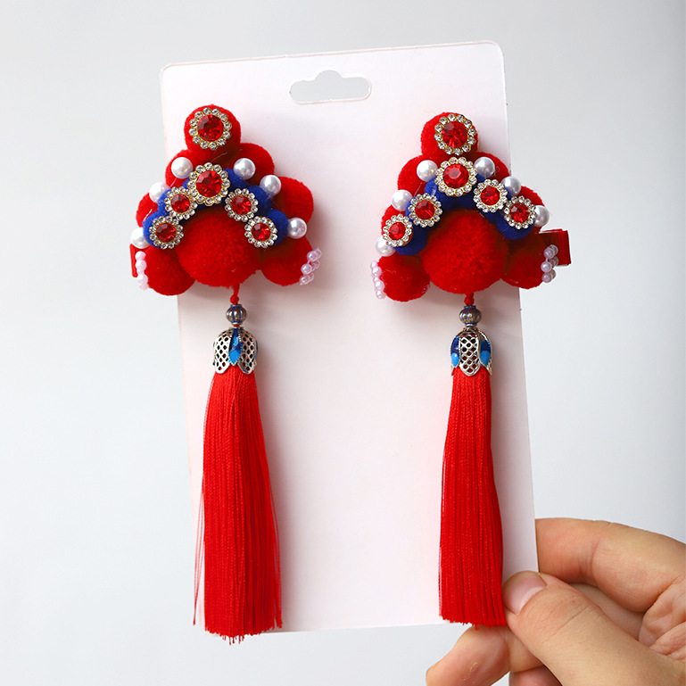 儿童京剧发箍复古中国风可爱毛球发卡中国红流苏发夹表演发饰定制