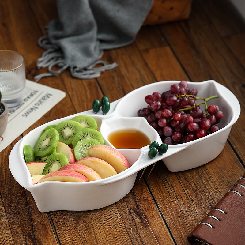 Creative Leaf-Shaped Ceramic Compartment Fruit Plate Living Room Snack Fruit Plate Commercial Multi-Grid Plate Fruit Platter