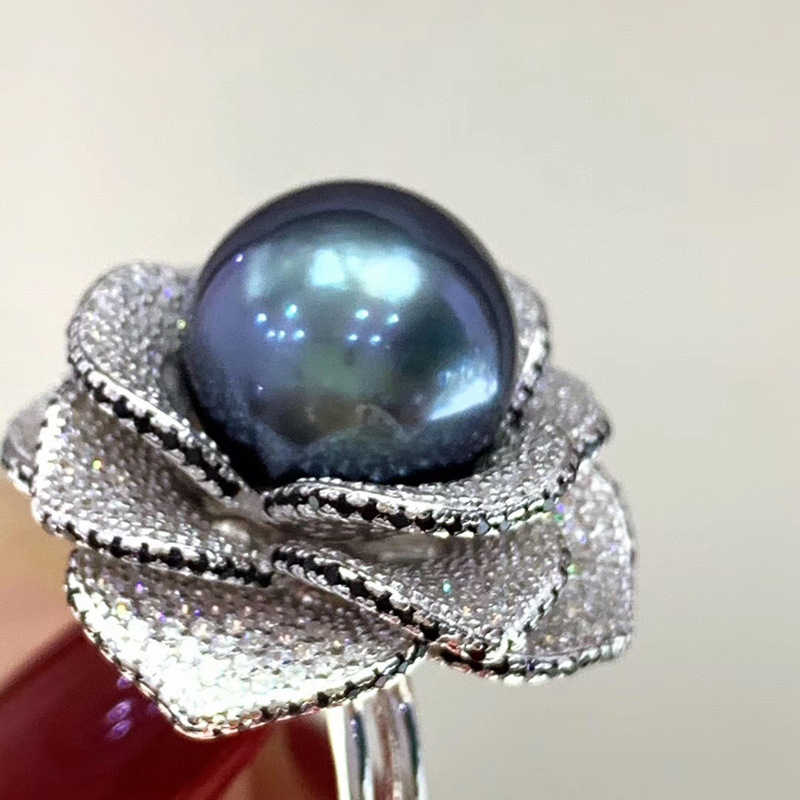 复古小香风山茶花 天然大溪地孔雀蓝珍珠戒指 12-13mm 送礼自留款