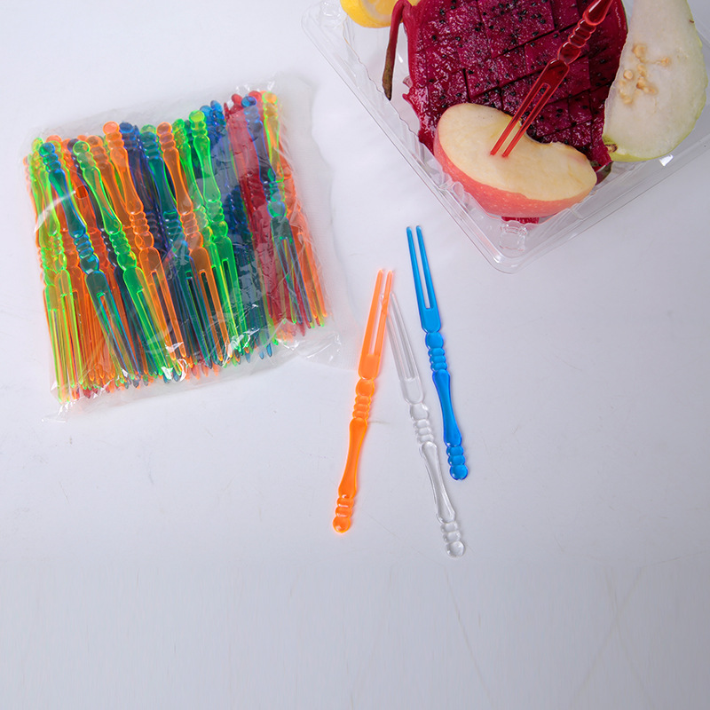 KTV Disposable Plastic Fruit Fork Bamboo Fork Transparent Two-Tooth Fruit Fork Bar Fruit Toothpick Cake Fork