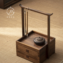 宜室茶话创意胡桃木茶具茶饼收纳盒中式实木毛笔架茶室客厅置物架