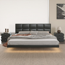 悬浮床意式极简设计师款真皮床卧室黑色巧克力床小户型薄床头大床