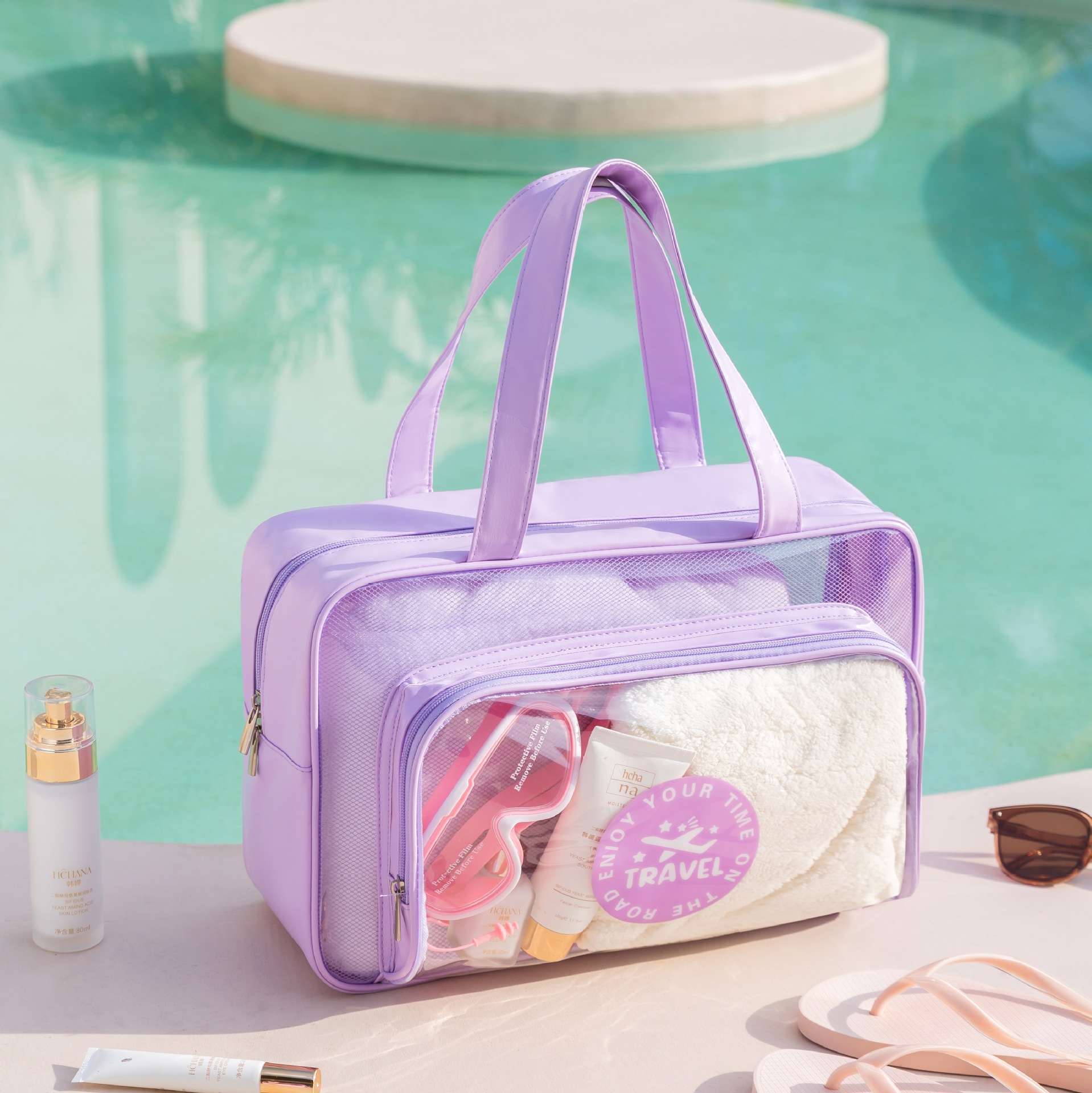 Dry Wet Separation Buggy Bag Portable Travel Makeup Wash Bag PVC Fitness Handbag Large Capacity Transparent Bag