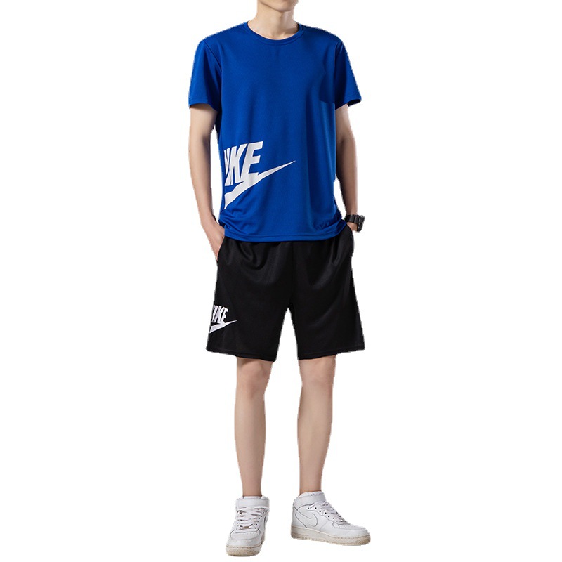 2022 Men's Short-Sleeved T-shirt Summer Trendy Loose plus Size Casual Ice Silk Sports Suit Running Fitness Clothes