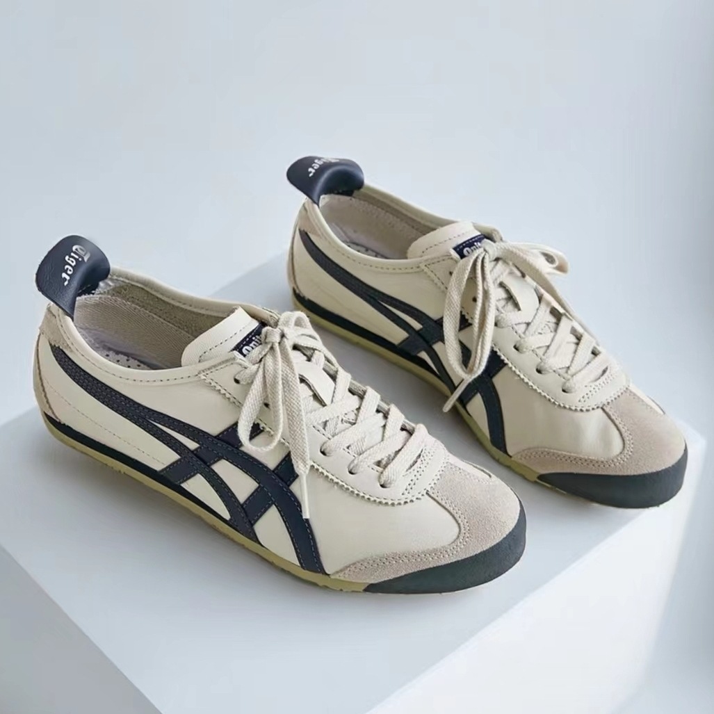 鬼冢虎牌鞋子米藏青米深蓝牛皮面低帮男女情侣休闲小白鞋莆田纯原