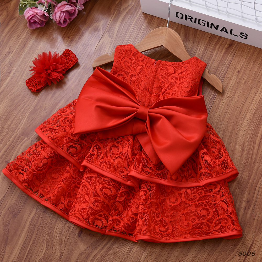 女童公主儿童生日晚会礼服中国红裙子蓬蓬花童婚纱钢琴演出服跨境