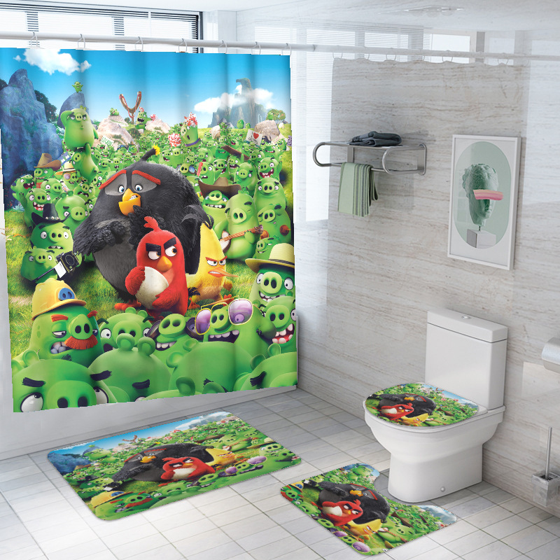 Bird Shower Curtain Floor Mat Combination 4 PCs Set Toilet Toilet Carpet Shower Room Mat Mat Cross-Border Delivery