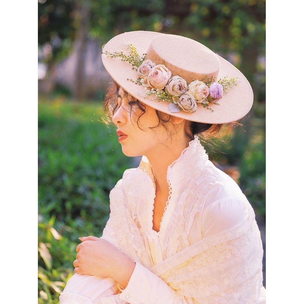 遮阳帽女名媛优雅麻纱花朵翘檐防晒宴会礼帽赫拉新款欧式复古花朵珍珠