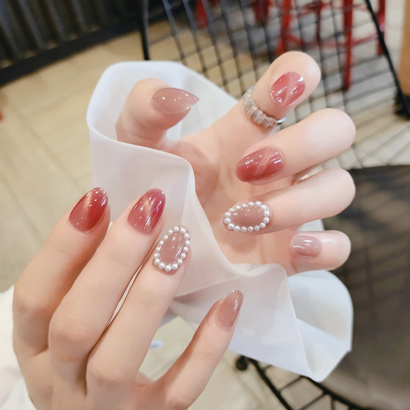 b214唯美珍珠猫眼系列珍珠装饰中长款网红抖音时尚可穿戴美甲成品