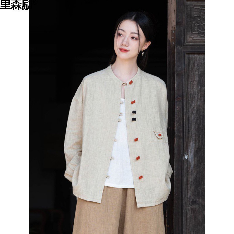 24春夏棉麻女装文艺复古苎麻上衣衬衫女拼色盘扣对襟开衫外套励