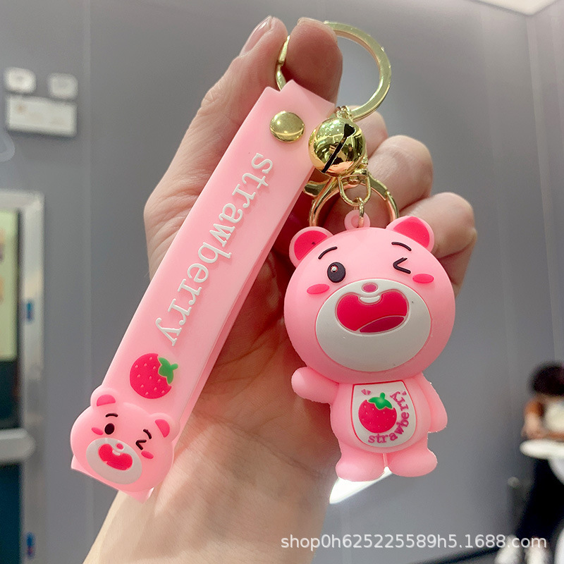 Cute Cartoon Strawberry Bear Keychain Ornaments Epoxy Doll Car Key Ring Pendant Bag Accessories Wholesale
