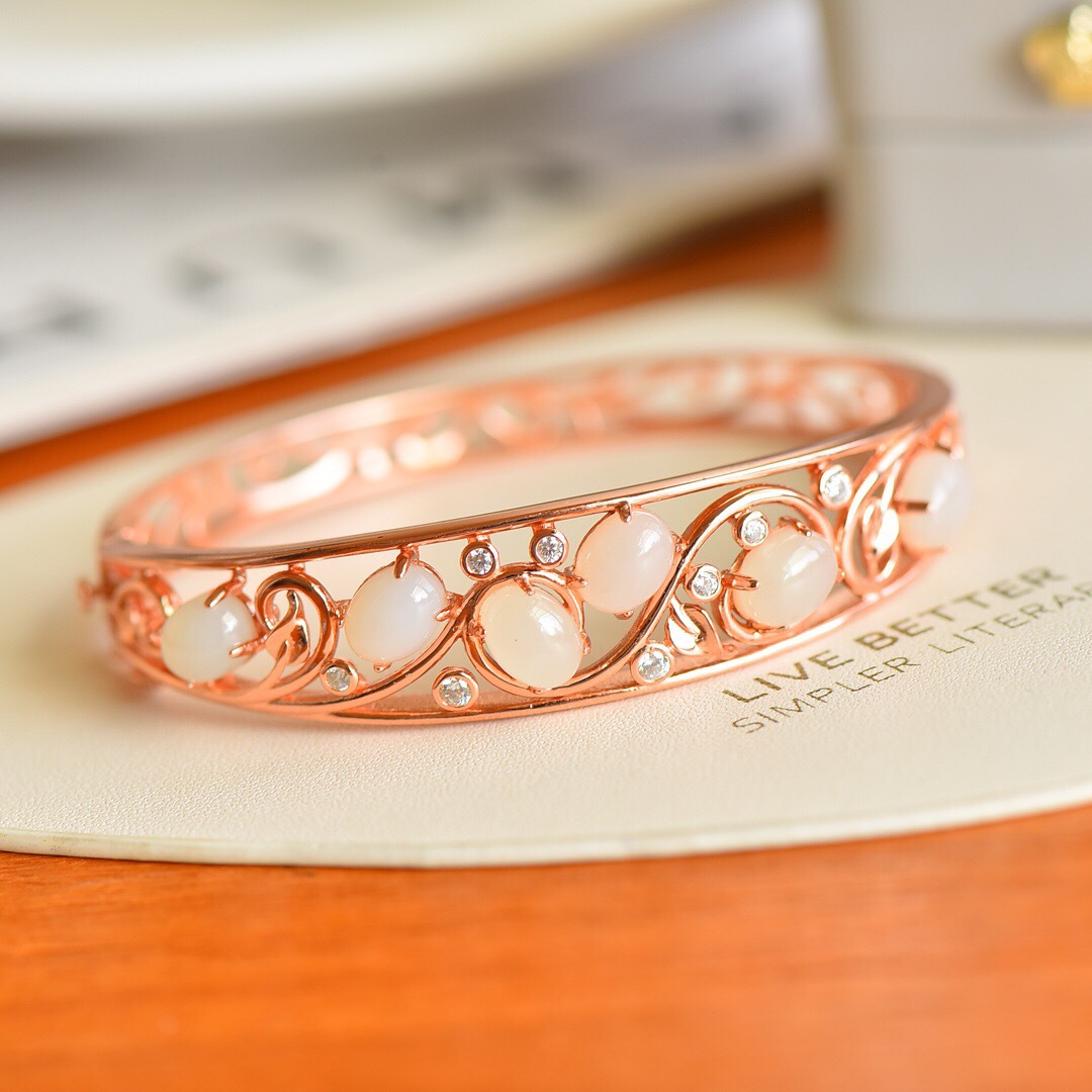 s925银镶新疆和田玉白玉蛋面镂空手镯玫瑰金女款个性简约手环手饰