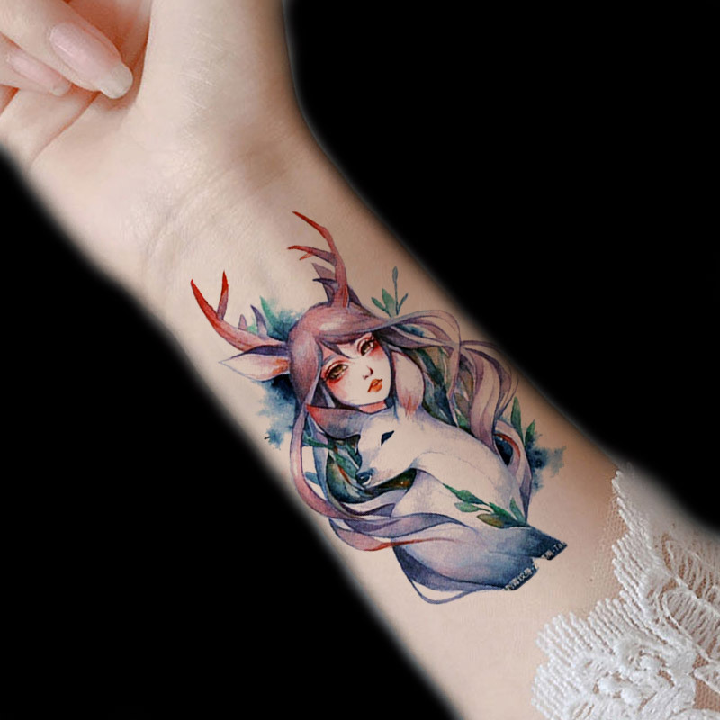 纹身贴防水持久男女日系ins个性潮手背臂精灵少女蓝色嘻哈