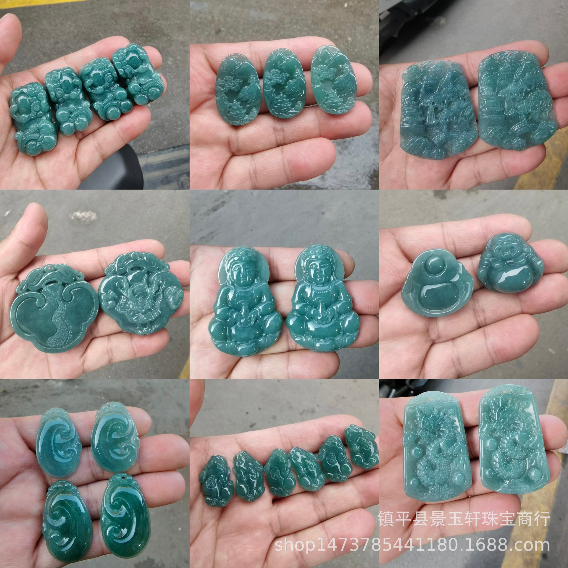 危料翡翠A货观音佛公吊坠油青色蓝水翠玉树叶如意挂件直播货源批