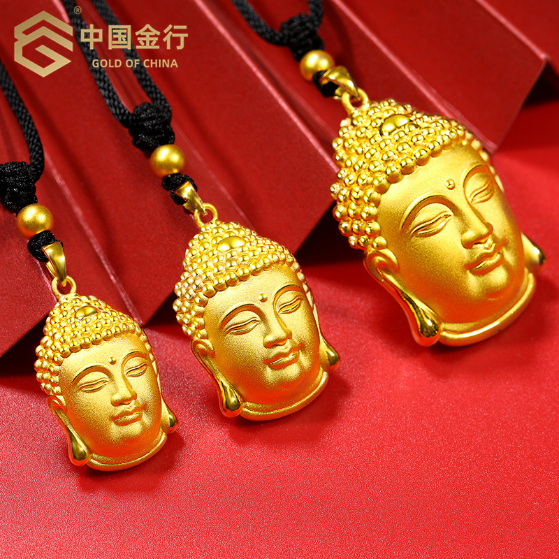 999足金佛头吊坠黄金双面佛项链女如来佛祖纯金挂坠硬金佛头佛像