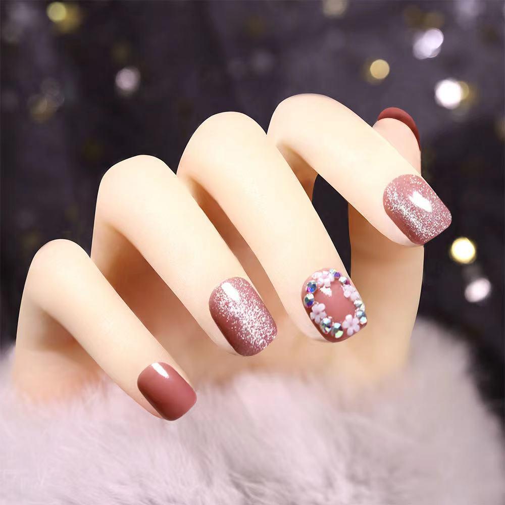 裸粉晶石猫眼假指甲成品高级感仙气美甲贴片夏天显白日式小花甲片