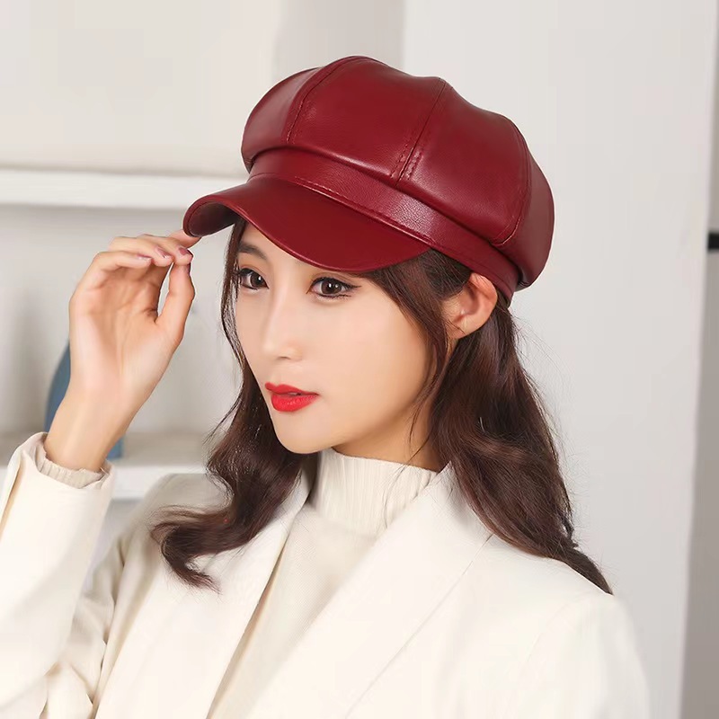 Autumn Winter Retro Beret Women's Pu Leather Pure Color All-Matching Painter Hat Spring Korean Style High-Profile Figure Octagonal Cap