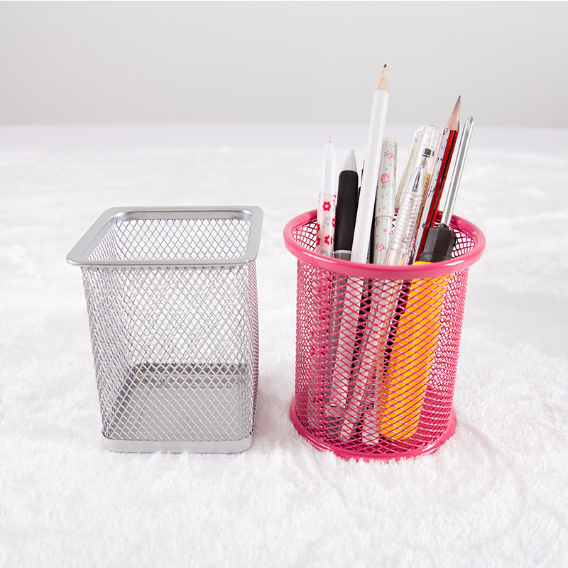 韩国文具 笔筒摆件创意多功能桌面收纳盒 方形圆形铁质杂物筒笔筒