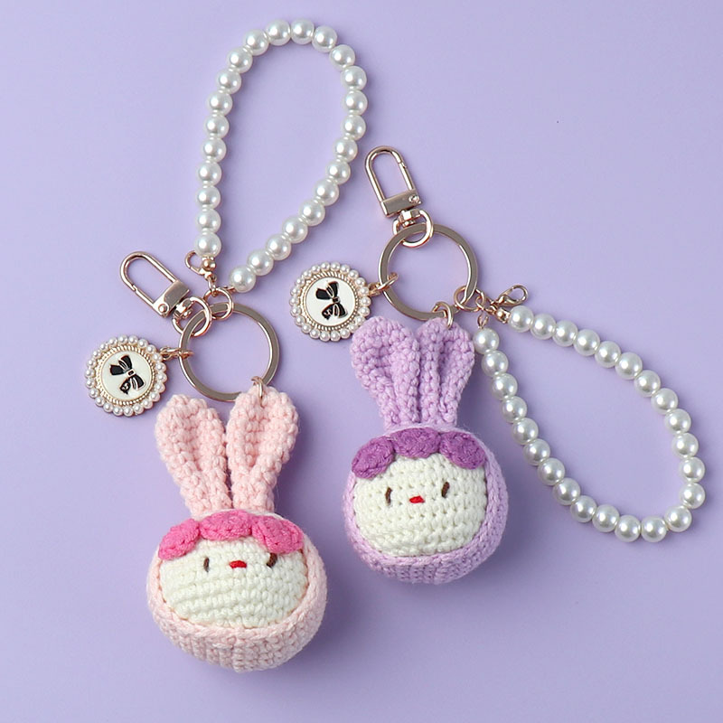 成品手工编织毛线兔子钥匙扣包挂件可爱串珠链条手机壳挂饰小礼物