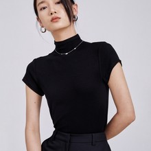 冰丝罗纹2023新款夏季黑色短袖高领t恤女修身短款